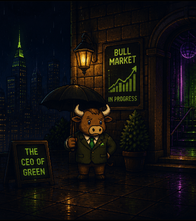 Pixel-art PUMPTHEBULL mascot under an umbrella outside the Bull Market club